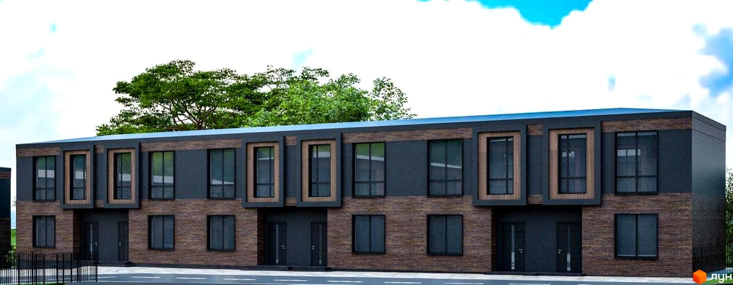 Зовнішній вигляд котеджного містечка КМ Garden Village Sofia з цегляним фасадом та великими вікнами. Навколо будівель видно зелені дерева та блакитне небо з хмарами.