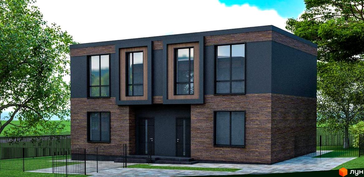 Котеджне містечко Garden Village Sofia. Двоповерховий будинок з цегляним та темним фасадом, великими вікнами та огородженою територією з деревами.