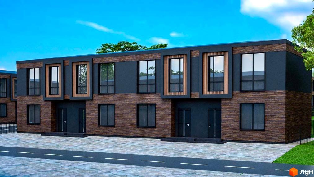 Котеджне містечко Garden Village Sofia: фасади будинків з цегляним оздобленням та великими вікнами, перед будинками вимощена територія та дорога.