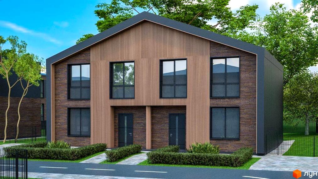 Котеджне містечко Garden Village Sofia. Зовнішній вигляд двоповерхових будинків з дерев'яним та цегляним оздобленням фасаду, великими вікнами та вхідними групами. Прибудинкова територія з доглянутими кущами та доріжками.