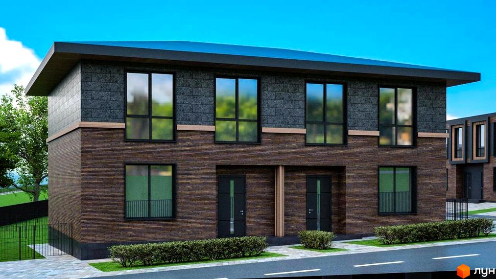 Котеджне містечко Garden Village Sofia: двоповерховий будинок з цегляним фасадом та великими вікнами, перед будинком доглянута прибудинкова територія з кущами та газоном.