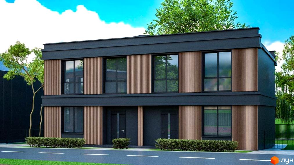 Котеджне містечко Garden Village Sofia - двоповерхові будинки з панорамними вікнами та дерев'яними елементами фасаду, розташовані біля дороги з кущами та деревами.