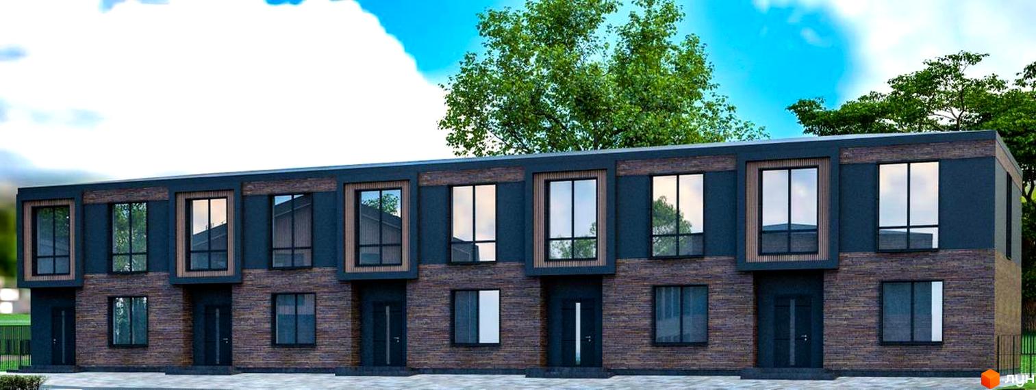 Котеджне містечко КМ Garden Village Sofia. Зовнішній вигляд фасаду будівель з панорамними вікнами та цегляним оздобленням.