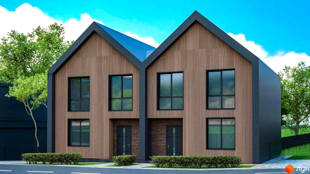 Котеджне містечко Garden Village Sofia. Зовнішній вигляд двох сучасних будинків з дерев'яним фасадом та великими вікнами, зелені кущі перед будинками.