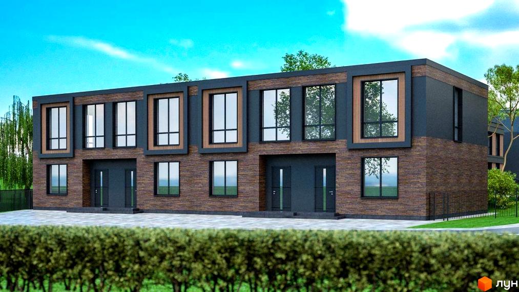 Котеджне містечко Garden Village Sofia. Зовнішній вигляд двоповерхових будинків з цегляним фасадом та великими вікнами, зелена прибудинкова територія.