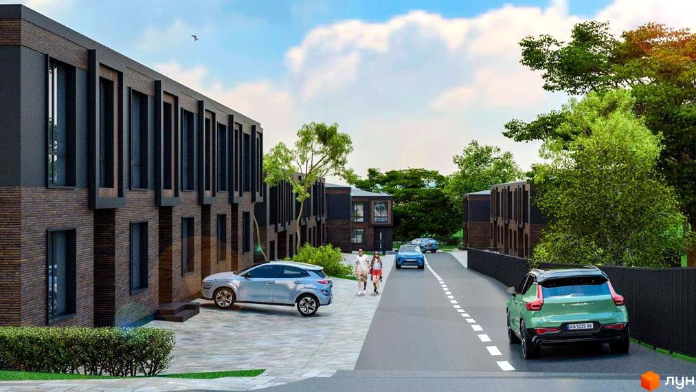 Котеджне містечко КМ Garden Village Sofia. Сучасні таунхауси з цегляним фасадом та великими вікнами, прибудинкова територія з дорогою та автомобілями.