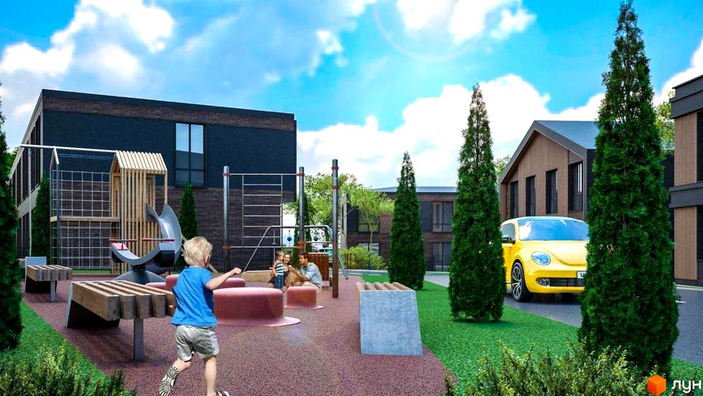 Котеджне містечко КМ Garden Village Sofia: сучасний фасад будівель та дитячий майданчик з гіркою та гойдалкою.