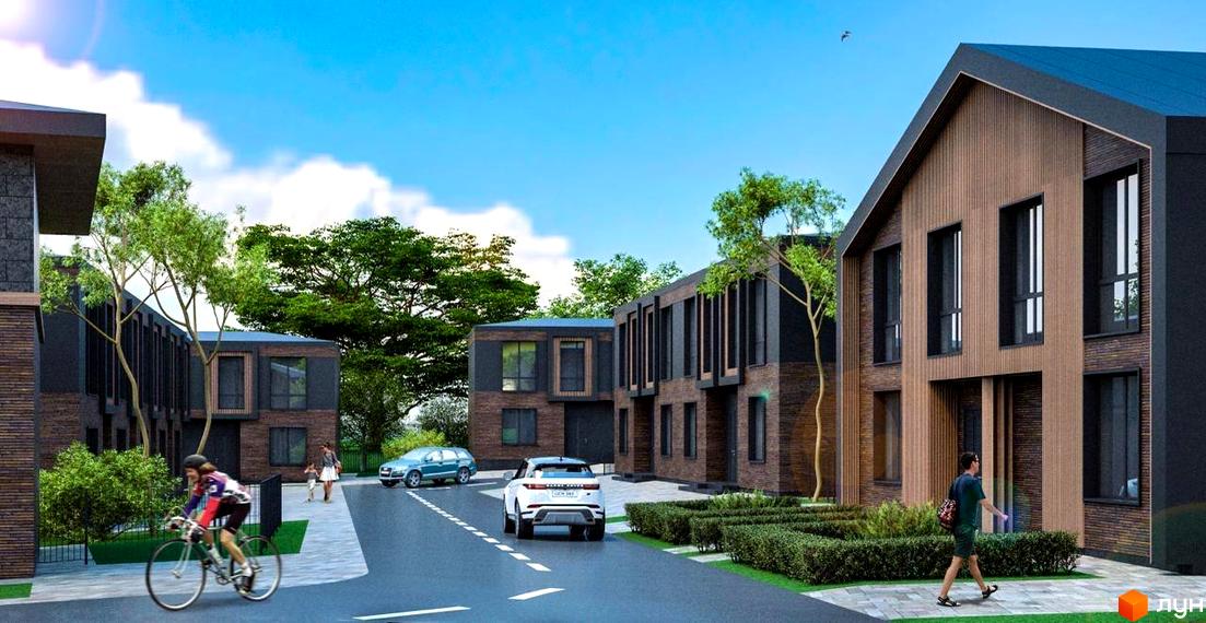 Котеджне містечко КМ Garden Village Sofia: триповерхові будинки з цегляним фасадом та великими вікнами, доглянута прибудинкова територія з деревами та доріжками.