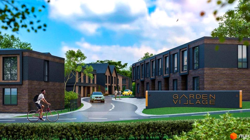 Котеджне містечко Garden Village Sofia. Комплекс має цегляний фасад та великі вікна. Прибудинкова територія озеленена, є дорога для автомобілів та пішохідні доріжки.