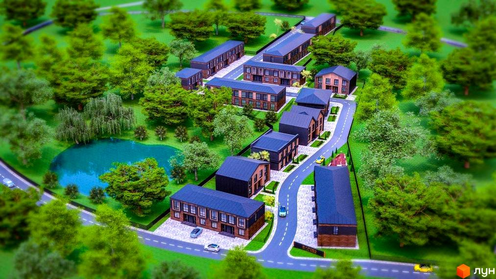 Котеджне містечко Garden Village Sofia: архітектурний макет з будинками та зеленими зонами. Оточення з озером та деревами.