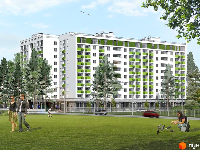 Житловий комплекс Сосновий двір - багатоповерховий будинок з зеленими балконами та прибудинковою територією з газоном та деревами. Люди гуляють та годують голубів.
