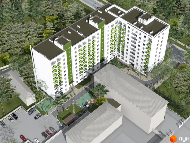 Житловий комплекс Сосновий двір з білими фасадами та зеленими балконами. На прибудинковій території дитячий майданчик та парковка.