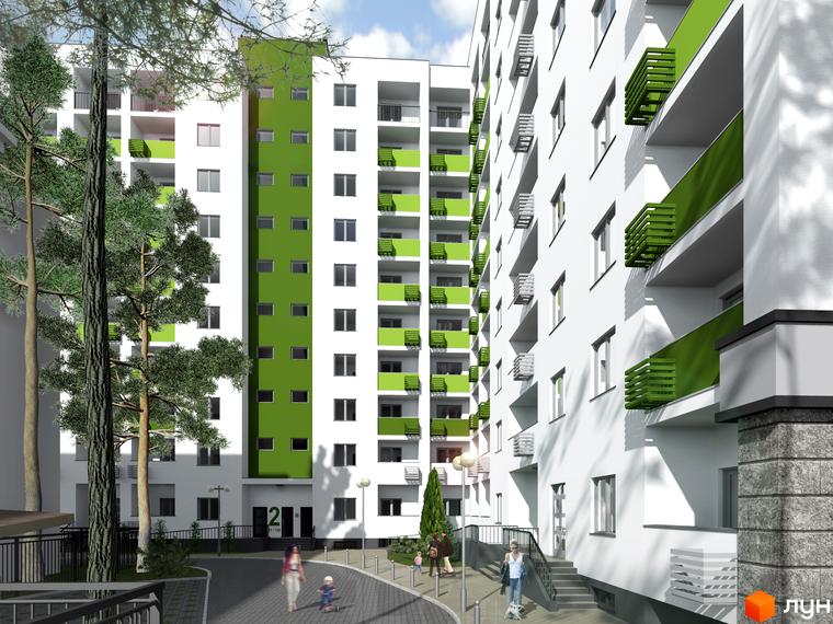 Зовнішній вигляд житлового комплексу Сосновий двір з білими фасадами та зеленими елементами. Прибудинкова територія з деревами та доріжками.