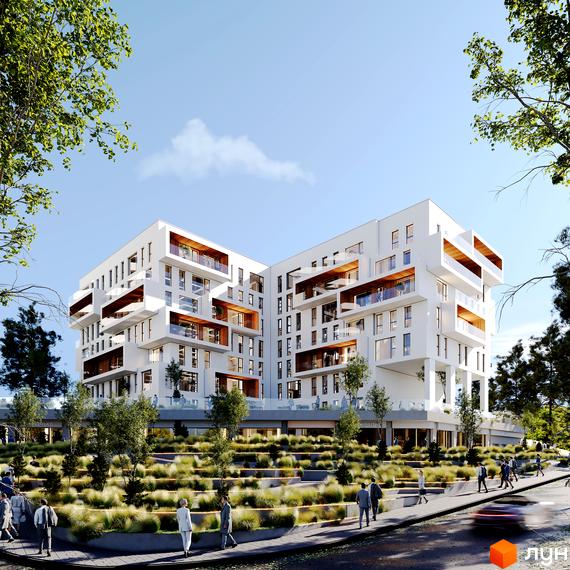 Житловий комплекс Lennona Residents - біла багатоповерхова будівля з дерев'яними елементами та балконами, перед якою розташований ландшафтний парк з терасами та людьми.