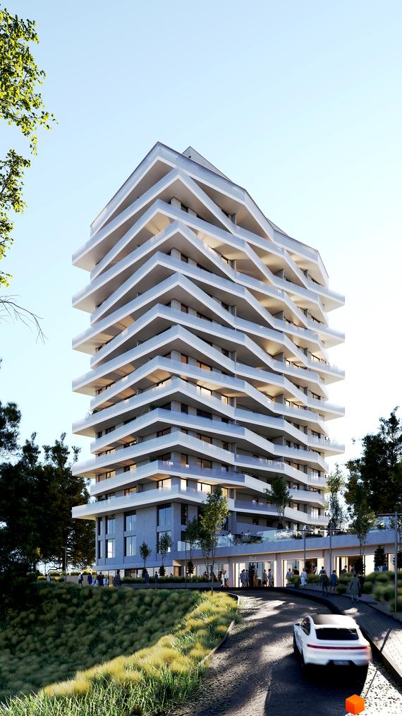 Житловий комплекс Lennona Residents з унікальним фасадом та терасами, оточений зеленою зоною та дорогою з автомобілем.