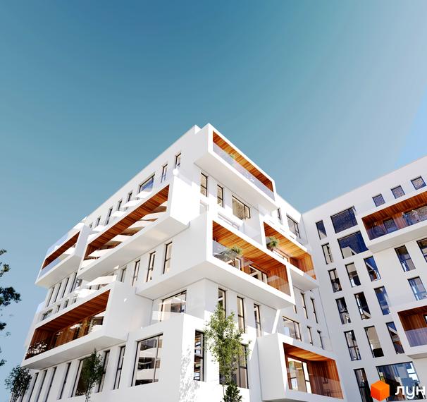 Білосніжний багатоповерховий будинок ЖК Lennona Residents з дерев'яними вставками на фасаді. На території є зелені насадження.