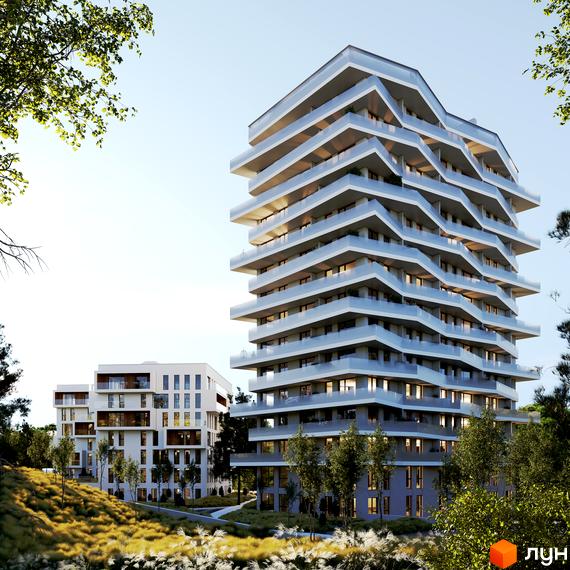 Висотна будівля ЖК Lennona Residents з терасами та скляними балконами. Навколо будинку зелена зона з деревами та травою, що створює атмосферу комфорту.