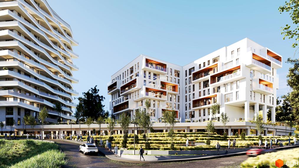 Житловий комплекс Lennona Residents з білими фасадами та дерев'яними елементами, оточений зеленою прибудинковою територією з людьми та автомобілями.