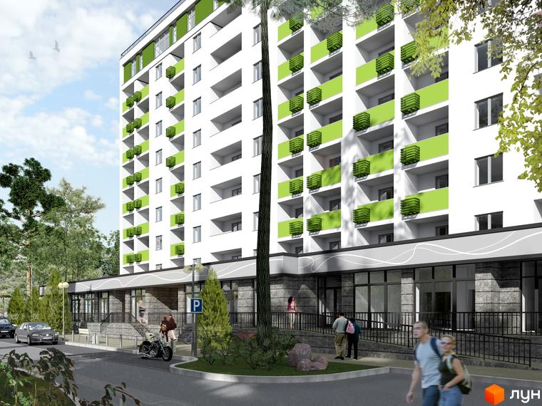 Новобудова ЖК Сосновий двір з білими стінами та зеленими балконами. Навколо будинку зелені дерева та облаштована прибудинкова територія з дорогою та людьми.