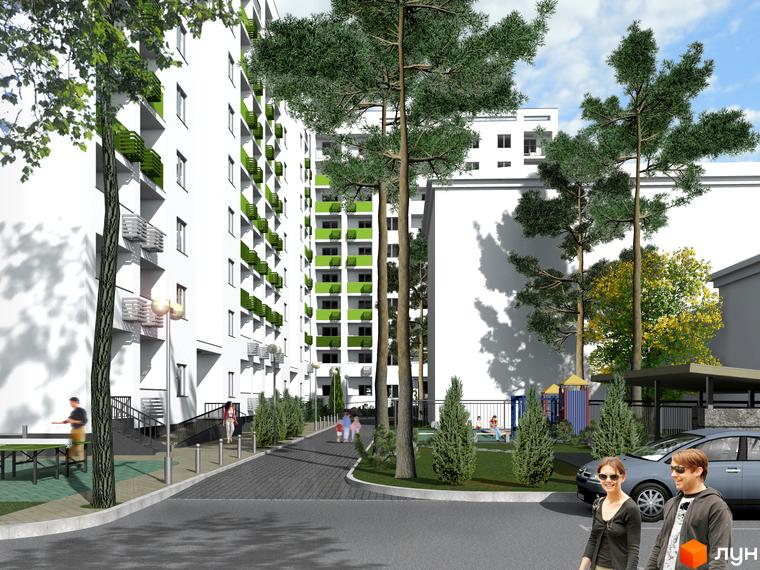 Житловий комплекс Сосновий двір: білі фасади з зеленими балконами, дерева, дитячий майданчик та парковка. Зовнішній вигляд новобудови та прибудинкової території.