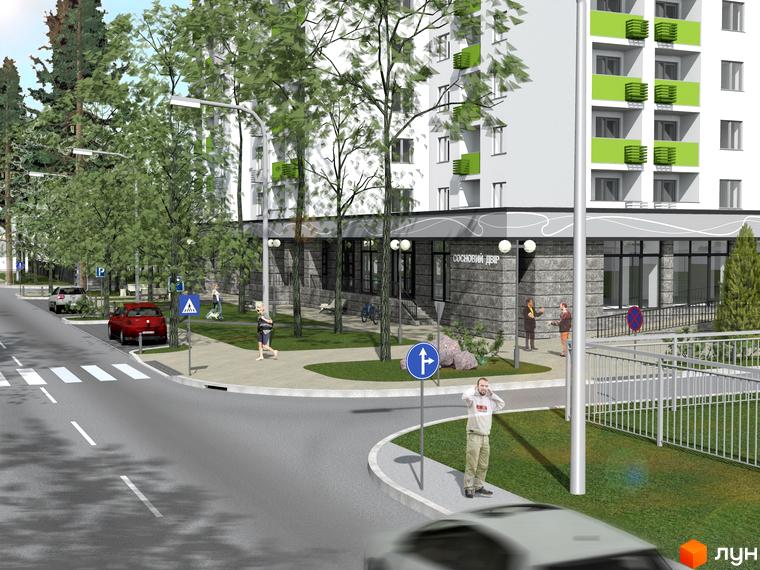 Житловий комплекс Сосновий двір. Зовнішній вигляд новобудови з зеленими балконами та прибудинковою територією з деревами та пішохідними доріжками.