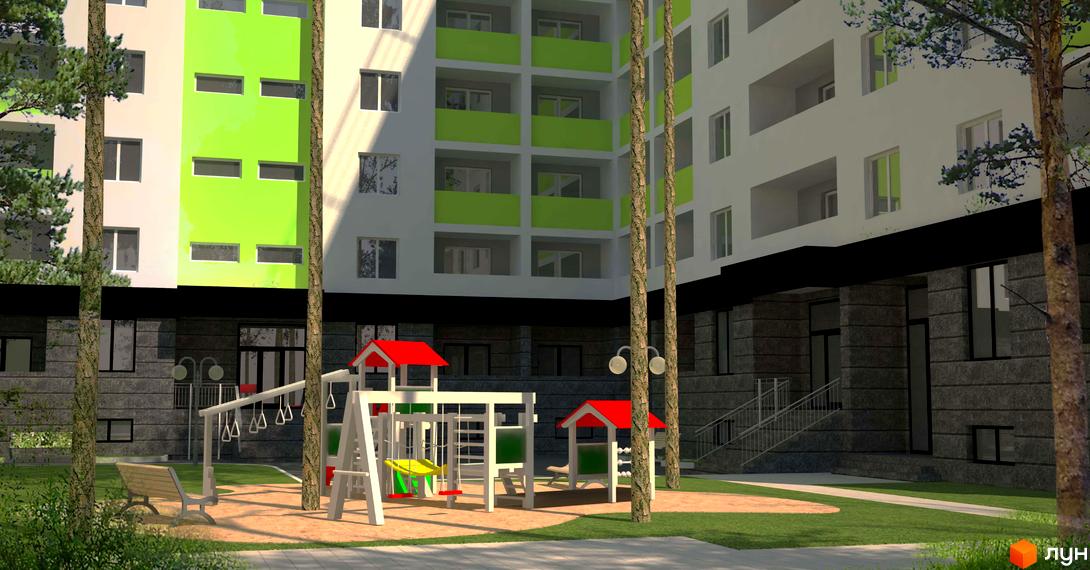 Житловий комплекс Сосновий двір. Фасад будинку з яскравими зеленими балконами та прибудинкова територія з дитячим майданчиком та лавкою.