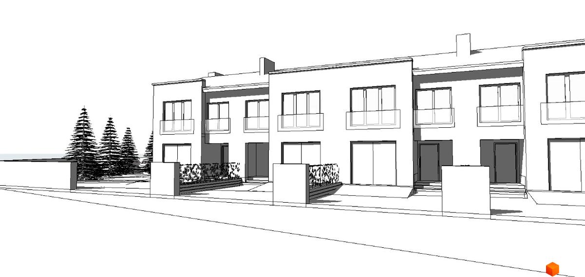 Зображення таунхаусів „Чумака“ з двома поверхами та великими вікнами. Перед будинками розташовані невеликі зелені насадження.