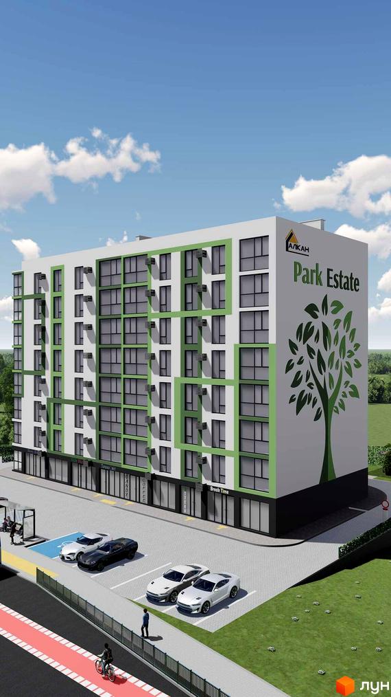 Зовнішній вигляд новобудови Park Estate з зеленими елементами фасаду та прибудинковою територією з паркуванням та пішохідною зоною.