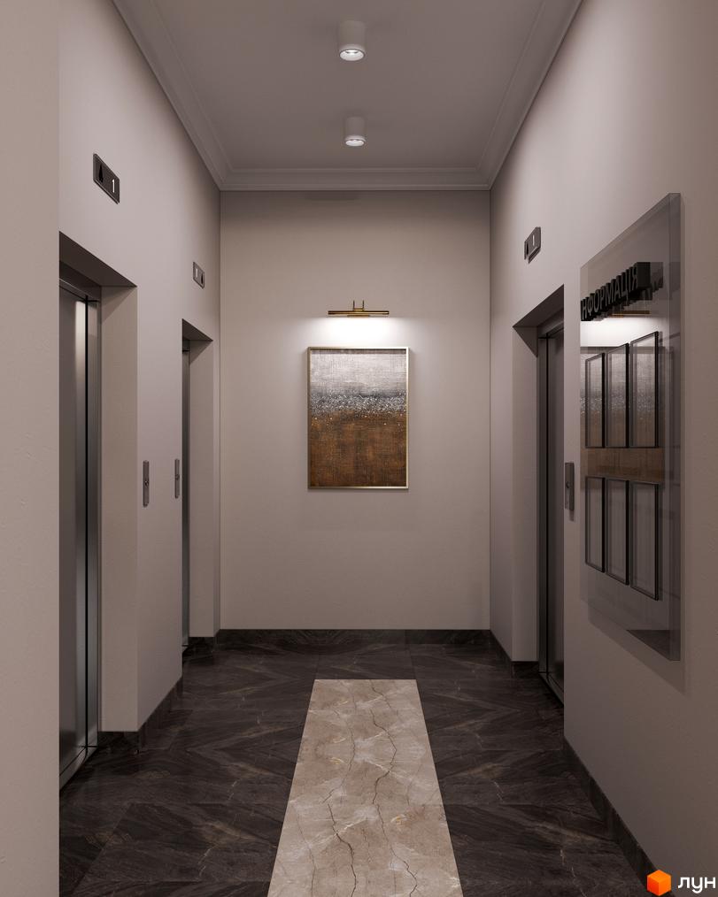 Інтер'єр поверху Житлового комплексу Акрополь. Коридор з ліфтами та інформаційним стендом, оздоблений в світлих тонах з темною підлогою.