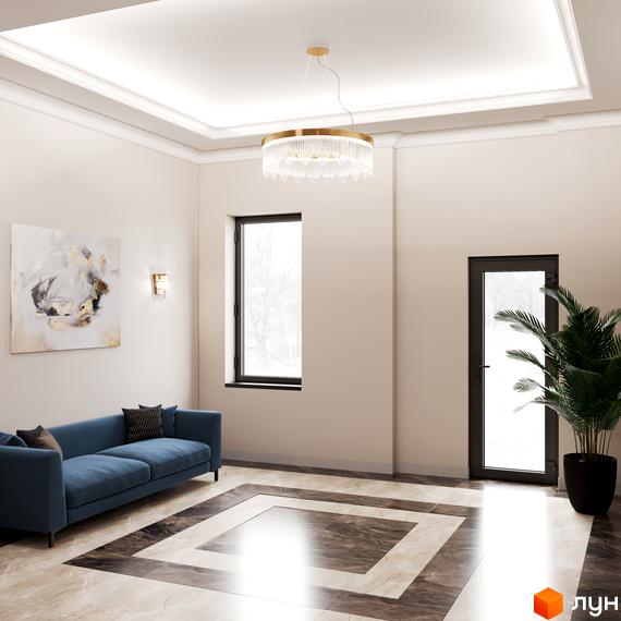 Інтер'єр приміщення в Житловому комплексі Акрополь: диван, картина на стіні, вікно та декоративна рослина.