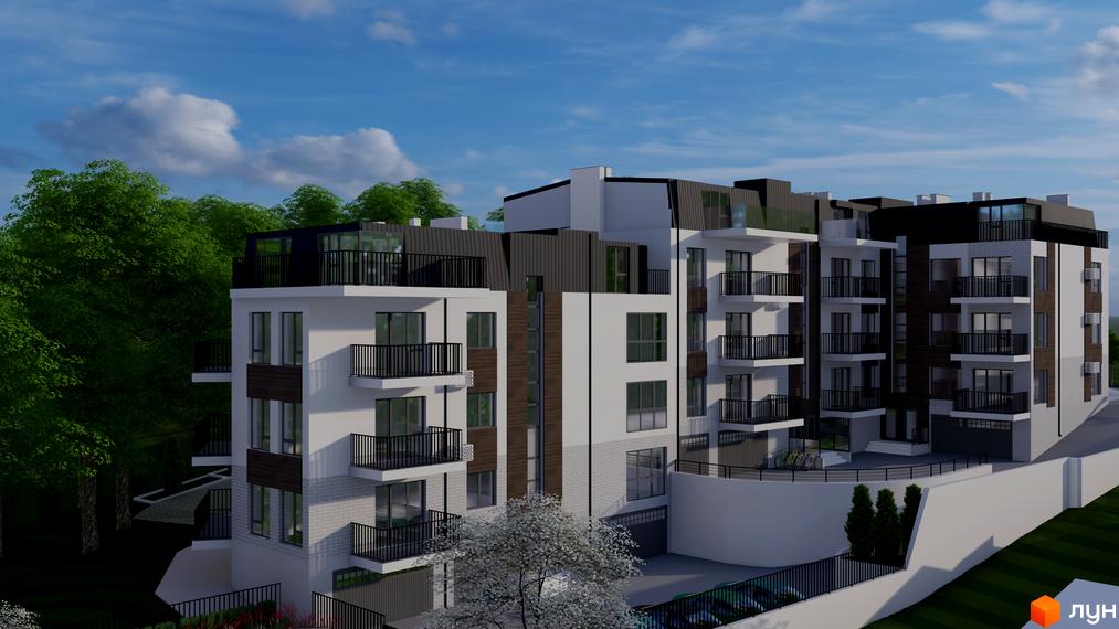 Зображення Житлового комплексу Веймут Парк. Багатоповерхова будівля з балконами та великими вікнами на тлі зелених насаджень.