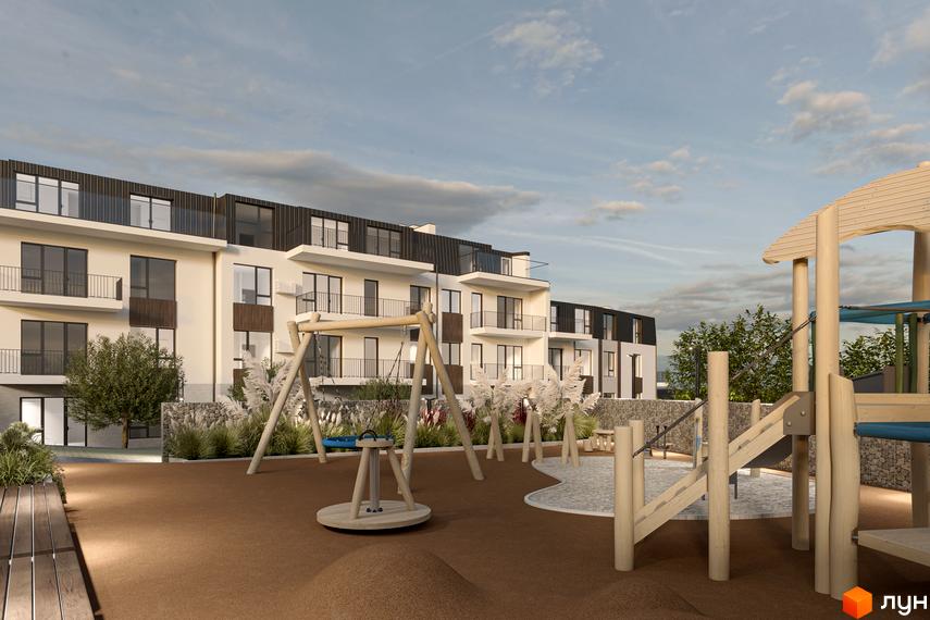 Зображення Житлового комплексу Веймут Парк з дитячим майданчиком. На задньому плані видно багатоквартирний будинок.