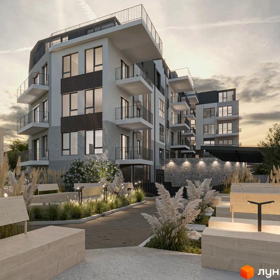 Житловий комплекс Веймут Парк: багатоповерховий будинок зі світлим фасадом та балконами. Прибудинкова зона з доріжками, лавками та озелененням.