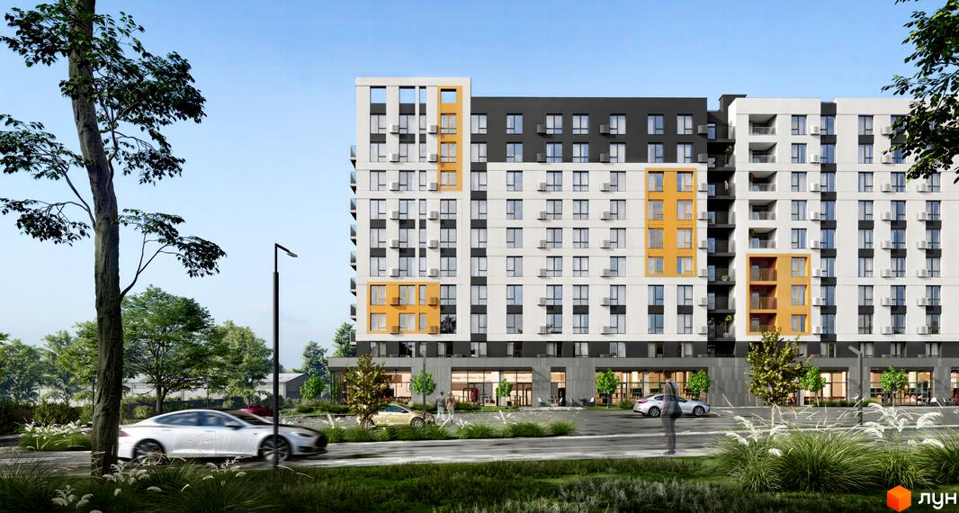 Житловий комплекс Сімейний COMFORT 2 – це сучасна новобудова з біло-сірими фасадами та жовтими акцентами, що розташована біля дороги з автомобілями та зеленою зоною.