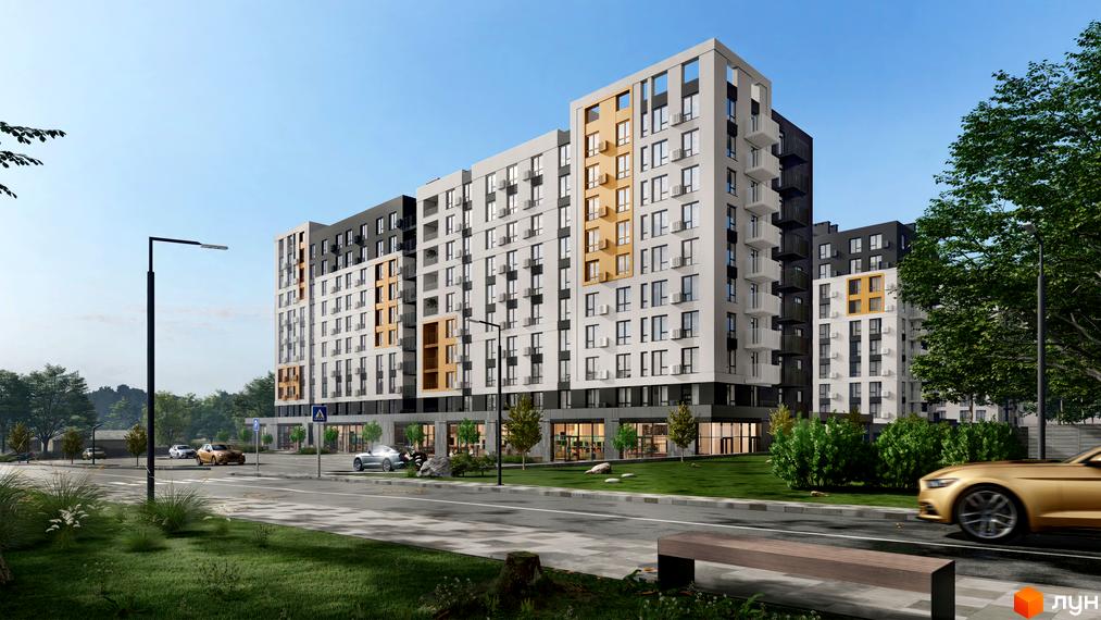 Зовнішній вигляд житлового комплексу Сімейний COMFORT 2 з білими та золотими фасадами, балконами та кондиціонерами, з прибудинковою територією з деревами та дорогою.