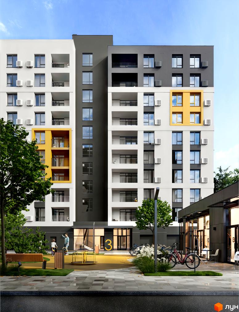 Житловий комплекс Сімейний COMFORT 2 – це сучасна новобудова з білими та сірими фасадами, балконами та жовтими акцентами. На прибудинковій території розташовані дитячий майданчик, лавки та зелені насадження.