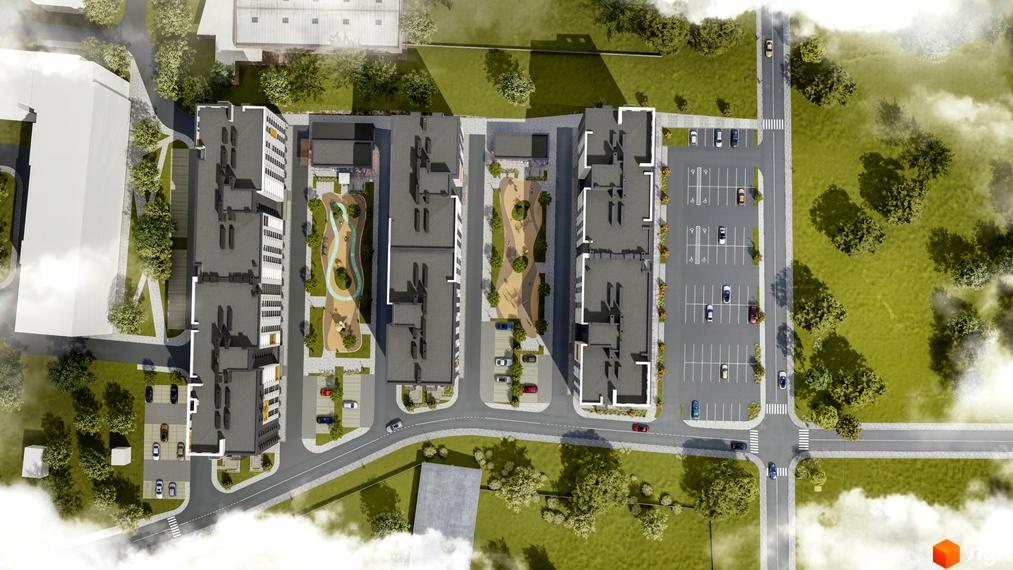 Вид зверху на житловий комплекс Сімейний COMFORT 2 з багаторівневими будівлями та упорядкованою прибудинковою територією з дитячими майданчиками та парковками.