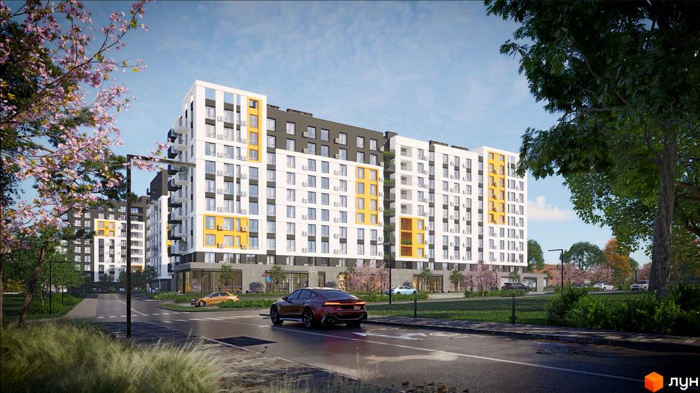 Житловий комплекс Сімейний COMFORT 2 - це сучасна новобудова з білими фасадами, жовтими акцентами та кондиціонерами. Територія навколо комплексу озеленена деревами та має дорогу з автомобілями.