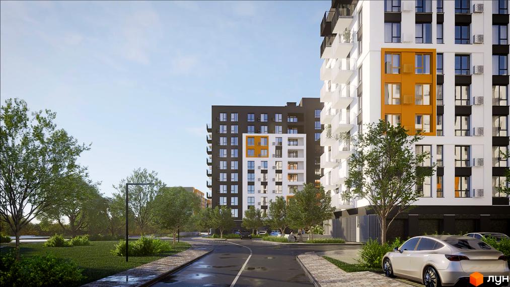 Житловий комплекс Сімейний COMFORT 2 з білою та оранжевою фасадною частиною, балконами та зеленою прибудинковою територією з деревами та дорогою.
