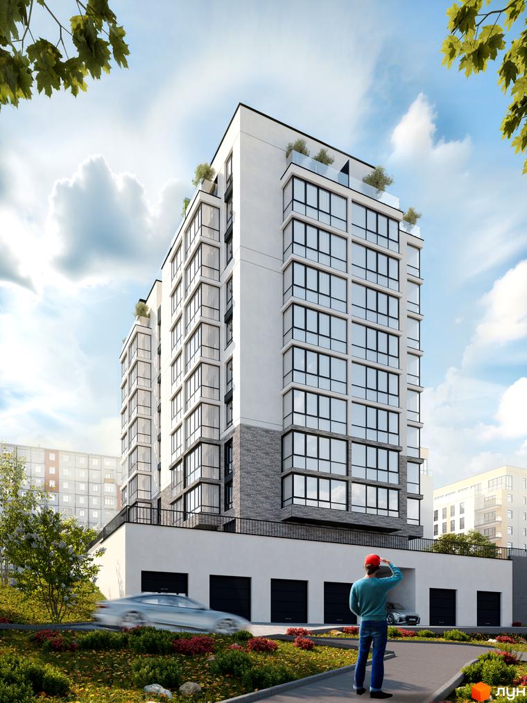 Житловий комплекс Перемога: біла багатоповерхова новобудова з панорамними вікнами та зеленою прибудинковою територією. На території розташовані гаражні бокси та зелені насадження.