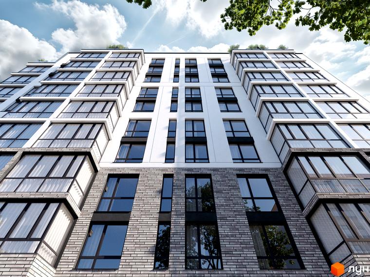 Зовнішній вигляд новобудови ЖК Перемога з великою кількістю скління та цегляним оздобленням фасаду. Будівельний проєкт з сучасним дизайном.