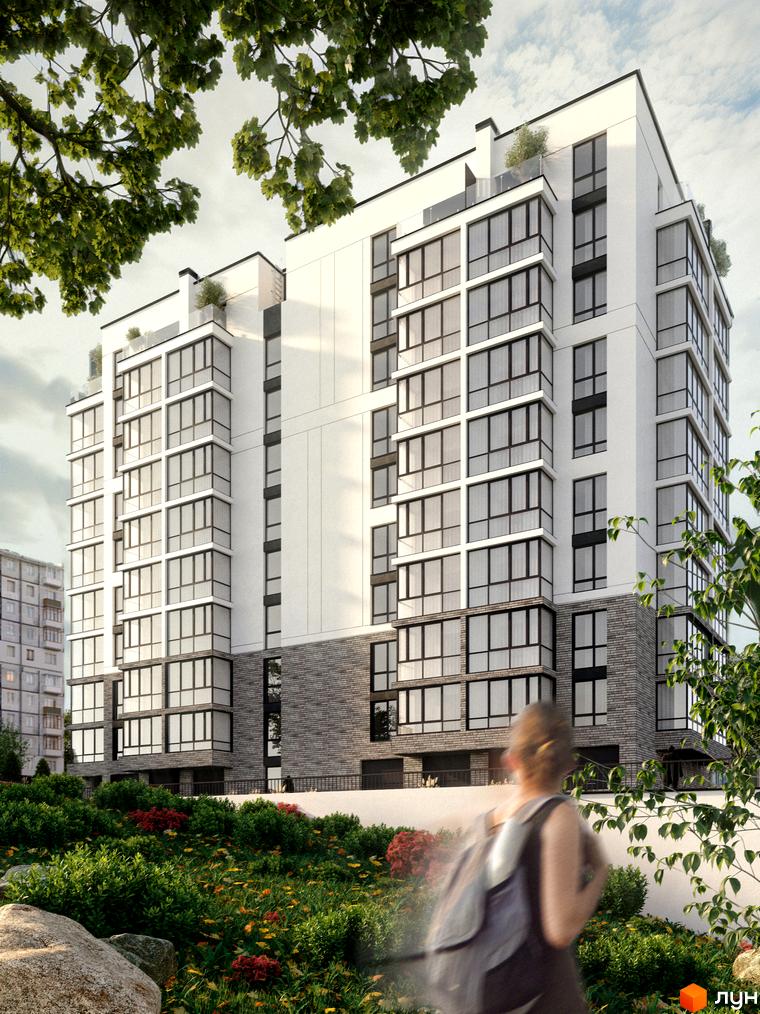 Новобудова ЖК Перемога з великою кількістю вікон та балконів, оточена зеленню та квітами. Зовнішній вигляд фасаду з цегляною обробкою нижніх поверхів.