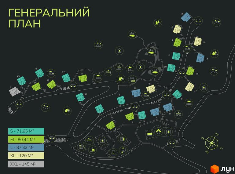 Генеральний план котеджного містечка GORA: сучасні будинки різних розмірів та кольорів, розташовані на мальовничій території з доріжками та зеленими зонами.