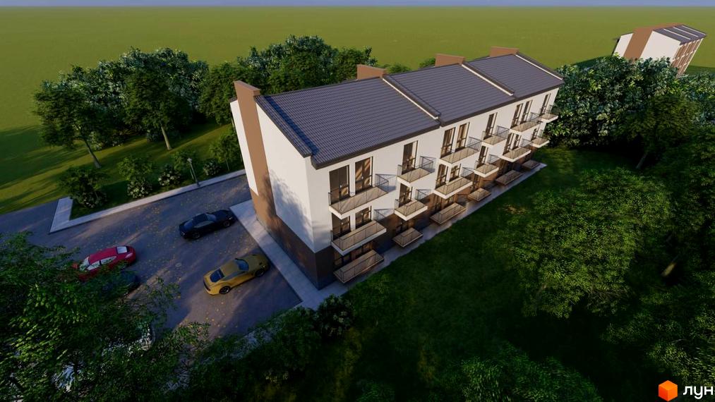 Зовнішній вигляд житлового комплексу на вулиці Наливайка з балконами та парковкою. Навколо комплексу зелена зона з деревами та травою.