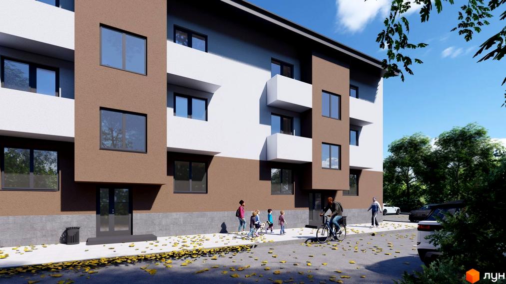 Фасад новобудови на вул. Наливайка з вікнами та балконами, поруч дитячий майданчик та зелені насадження.