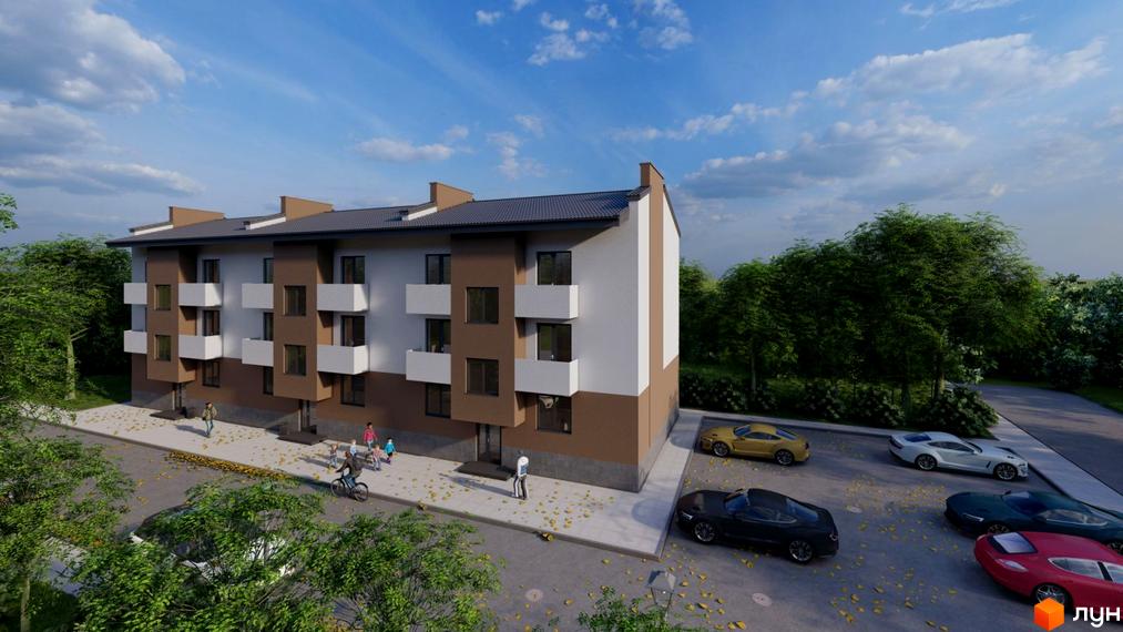 Зовнішній вигляд триповерхового будинку з балконами та паркуванням біля нього. Навколо будинку зелені насадження та хмарне небо.