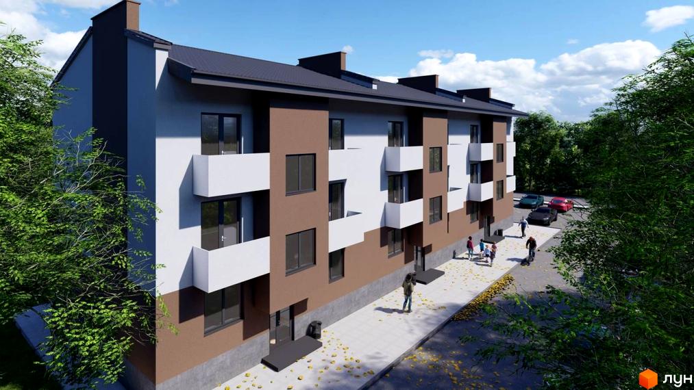 Зовнішній вигляд новобудови на вул. Наливайка з балконами та вікнами. Прибудинкова територія з деревами та автомобілями.