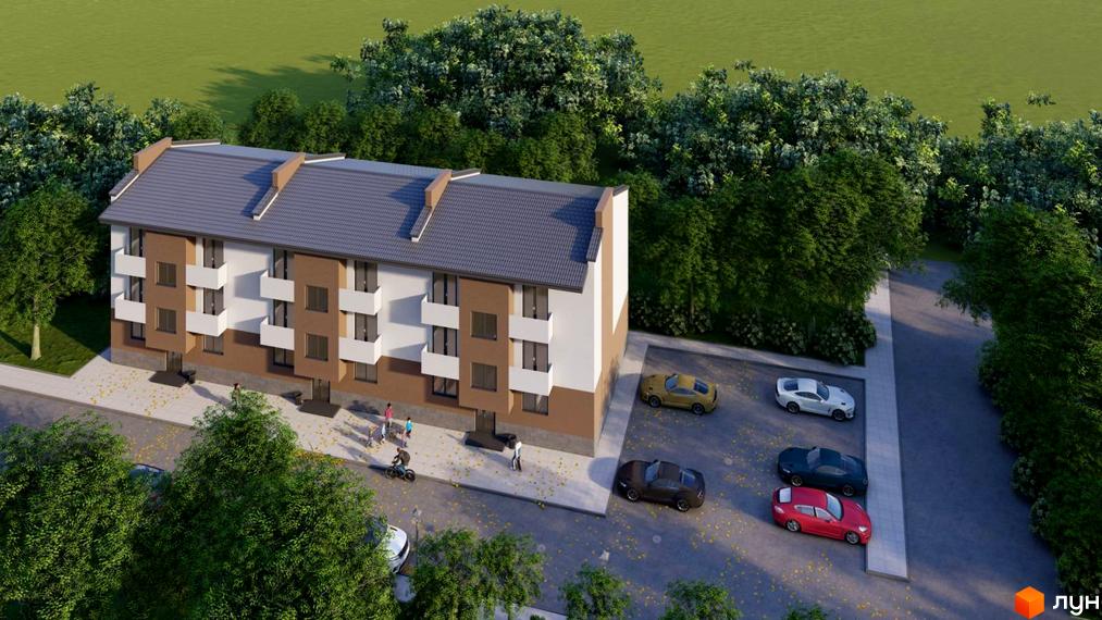 Зовнішній вигляд триповерхового будинку з коричневими та білими фасадами, балконами та сірим дахом. На прибудинковій території розташовані автомобілі та зелені насадження.