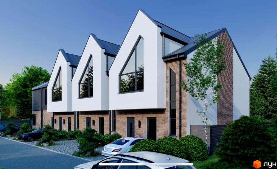 Таунхауси Dream Town 2 з характерними трикутними вікнами та цегляними акцентами, оточені зеленню та автомобілями.