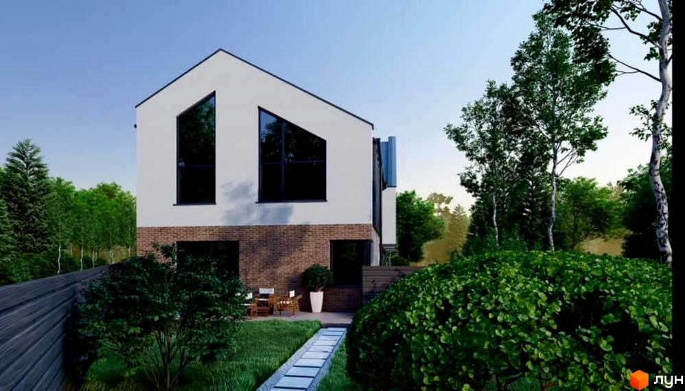 Таунхауси Dream Town 2 з цегляним фасадом та великими вікнами, оточені зеленою прибудинковою територією з деревами та кущами.